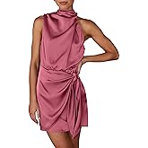 PRETTYGARDEN Women's Formal Short Satin Cocktail Dress | Sleeveless Mock Neck, Tie Waist, Asymmetrical Ruched, Elegant Silk, Birthday Party, Wedding Guest Evening, Summer Outfits
