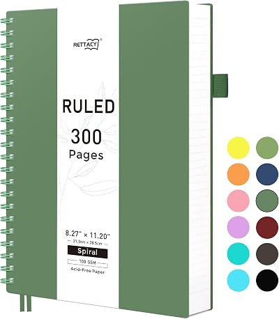 RETTACY A4 Notebook Spiral 300 Pages 100gsm PVC Cover Dark Green