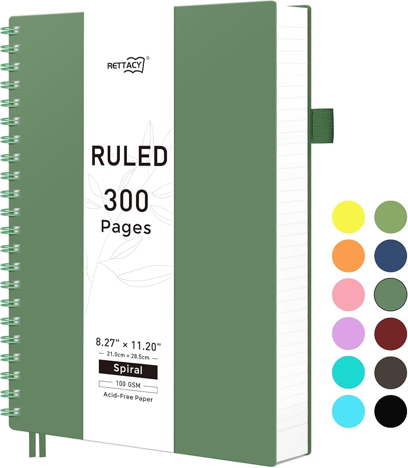 RETTACY A4 Notebook Spiral 300 Pages 100gsm PVC Cover Dark Green