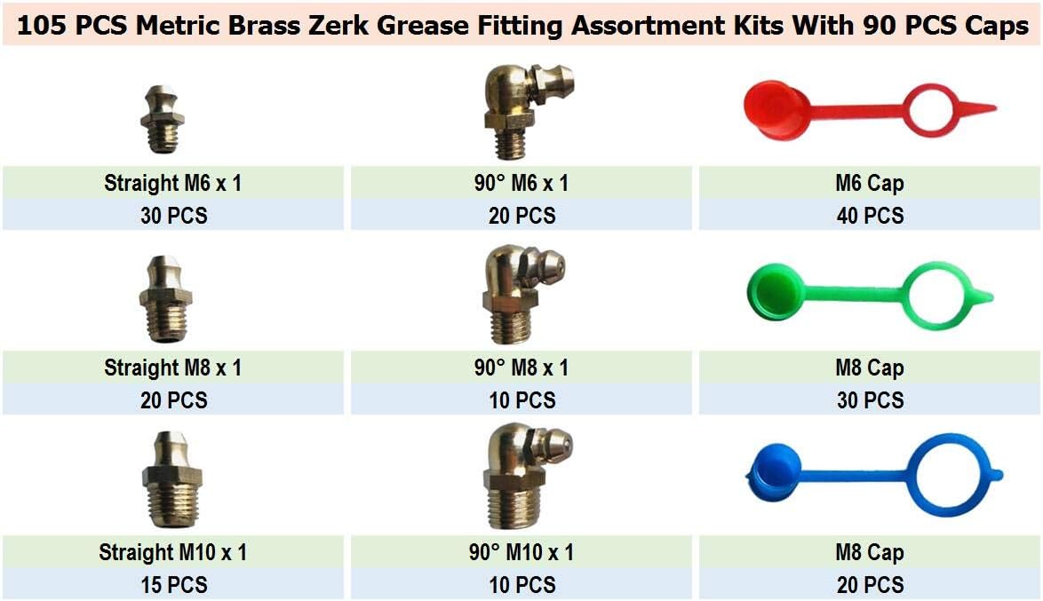 105 pcs Metric MM Straight and 90 Degree Brass Zerk Grease Nipple