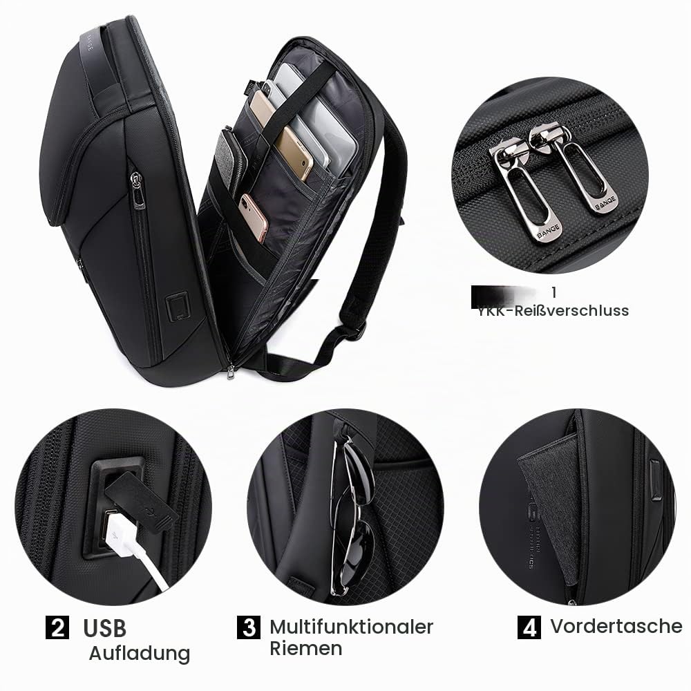 BANGE Business-Smart-Rucksack, wasserdicht, 39,6 cm (15,6 Zoll), Laptop-Rucksack mit USB-Ladeanschluss, langlebiger Reise-Rucksack schwarz,M 4