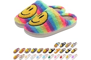 AIMINUO Women's Men's Retro Preppy Happy Face Slippers Comfy Warm Plush Slip-On House Slipper for Winter Indoor Soft Cushion Non-slip Fluffy Slides Slippers
