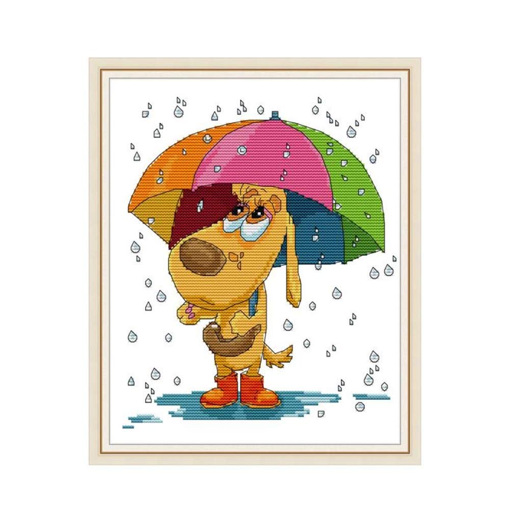 WOWDECOR Cross Stitch Embroidery Kits for Adults, Puppy Dog Animals Umbrella Funny 11CT Stamped DIY DMC Needlework Easy Beginners