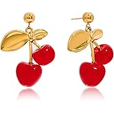 TONLUYAX Gold Cherry Dangle Earrings for Women Cute Red Fruit Drop Earrings Cute Jewelry