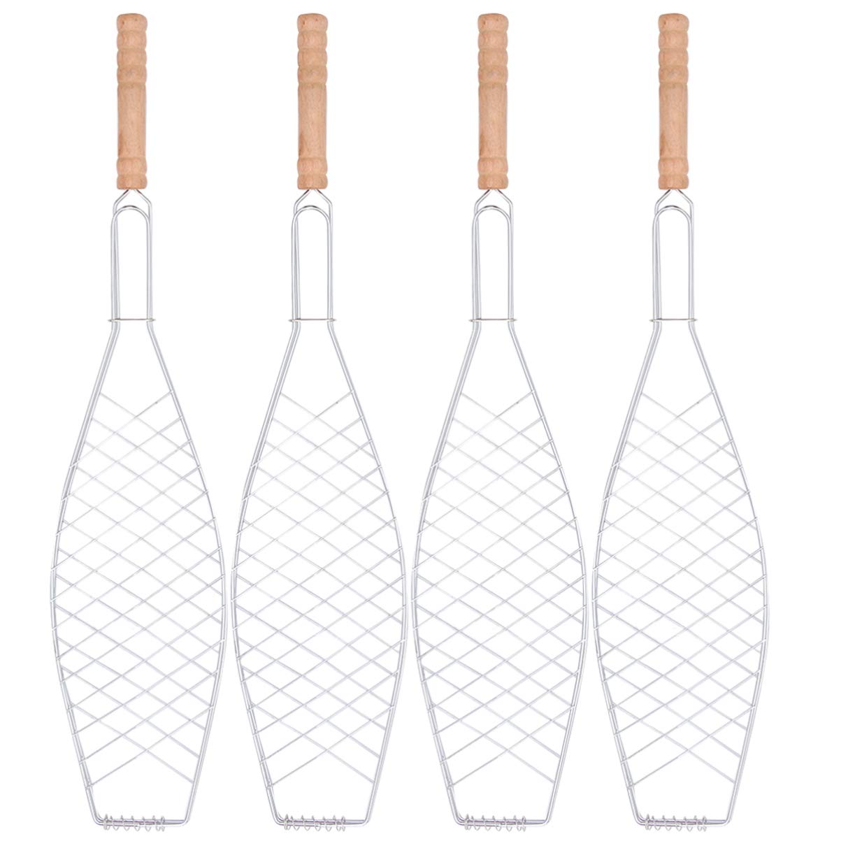 HEMOTON 4pcs Grilled Net with Wooden Handle Fish Barbecue Clip for Outdoor Bbq Camping Picnic Durable Non-stick Grill Tool for Easy Cooking and Storage