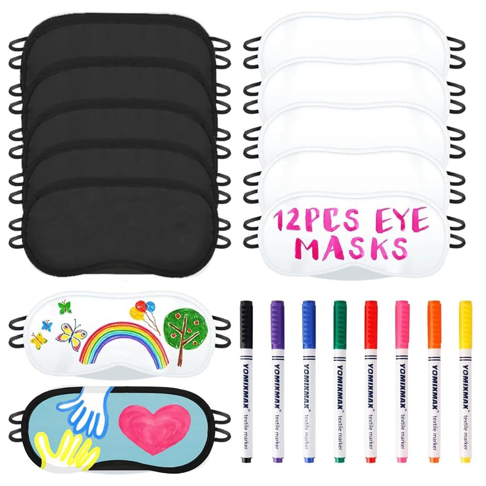 Photo 1 of 12 PCS Eye Mask Sleepover Party Supplies Slumber Party Favors for Girls Pajama Party Decorations Sleep White Black Soft Shade Blindfold Eye Covering Color The Bulk Game Stuff with 8 PCS Fabric Pens