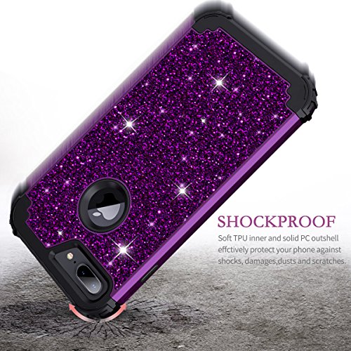 Lontect Compatible iPhone 8 Plus Case Glitter Sparkle Bling Heavy Duty Hybrid Sturdy Armor High Impact Shockproof Protective Cover Case Apple iPhone 8 Plus/7 Plus, Shiny Purple/Black