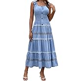 DREFBUFY Women's Maxi Dress Sleeveless Denim Long Summer A-line Casual Blue Cotton Boho Flowy Sundresses for Women
