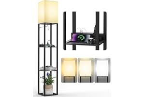 PAZZO Floor Lamp with Shelves, Shelf USB Floor Lamp, 3 Color Temperatures Solid Wood Floor Lamp with 2 Charging Ports and 1 Power Outlet, Lamps for Livingroom Bedroom, Bulb Included, Matt Black