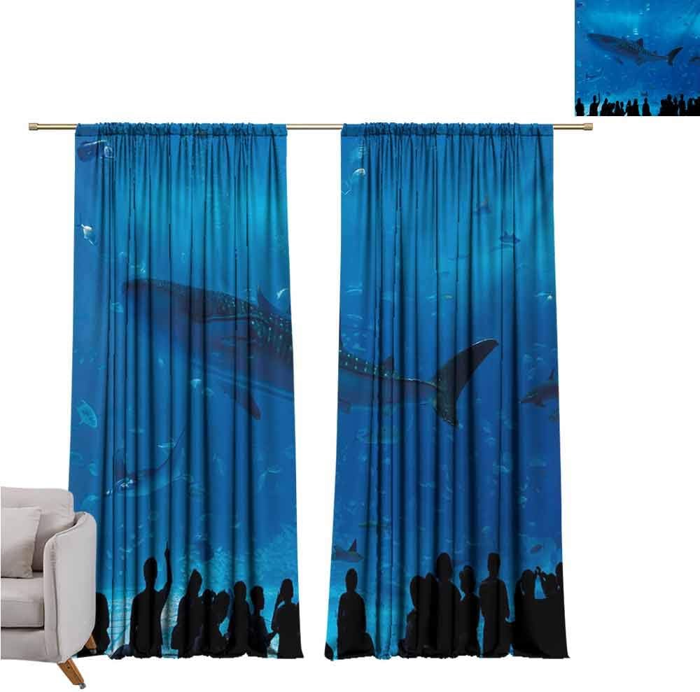 GUUVOR Shark 99% Blackout Curtains Japanese Aquarium Park with People Silhouettes Watching Underwater Life Hobby Image for Bedroom Kindergarten Living Room W52 x L84 Inch Blue Black