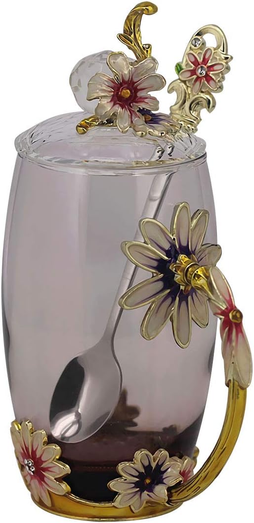 DELIWAY Novelty Flower Glass Coffee Mug Handmade Enamel Tea Cup Anniversary Birthday Present for Women Girl Boyfriend (Daisy, High)