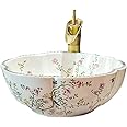 Ceramic Bathroom Vessel Sink Bowl White Color Art Above Counter Vanity Wash Basin with Flower Shape and Flower Bird Pattern,1Sink Only