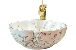 JDZJYBQX Ceramic Bathroom Vessel Sink Bowl White Color Art Above Counter Vanity Wash Basin with Flower Shape and Flower Bird Pattern,1Sink Only