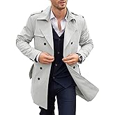 PASLTER Mens Trench Coat Notched Lapel Double Breasted Long Jacket Windbreaker Overcoat Pea Coat