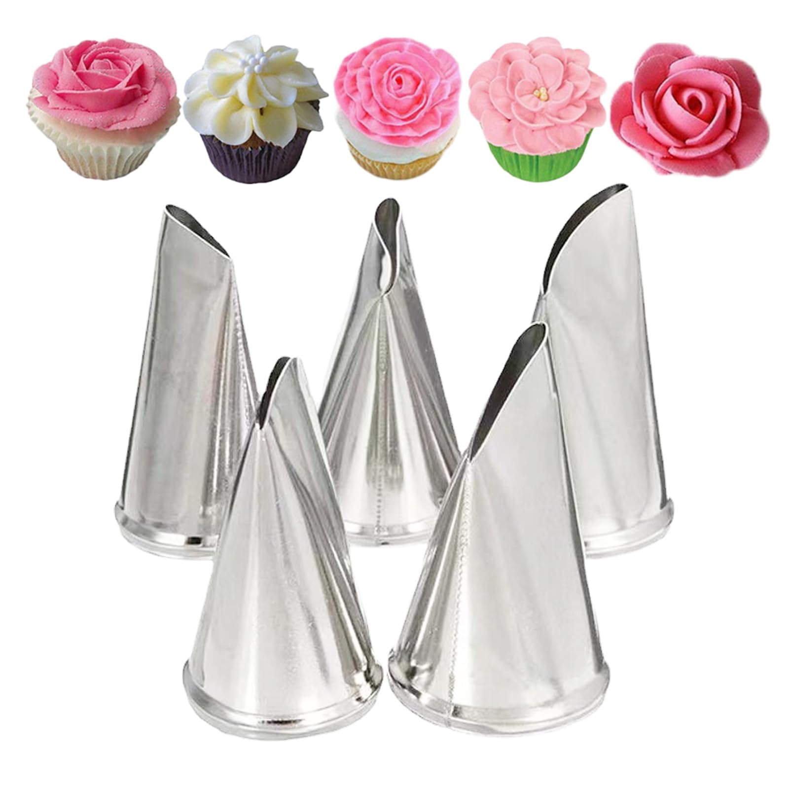 WishesMar Petal Piping Tips Set 5 Pcs Rose Flower Stainless Steel Icing Nozzles for Cupcakes Cookies Pastry Cakes DIY Decorating Supplies Baking Tips Nozzles Set