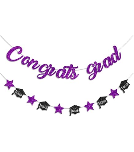 Purple Glitter Congrats Grad Banner - Pre-Strung Class Of 2024 Graduation Decor, 9.8ft Strand For Party & Photos - View #9