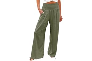Women's Linen Palazzo Pants Wide Leg High Waisted Long Lounge Pants Casual Beach Vacation Trousers with Pockets