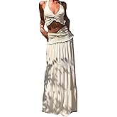 Wuitrie Maxi Skirt Set Women 2 Piece Outfits Sleeveless Strap Top Maxi Skirt Solid Going Out Vacation Two Piece Skirt Set