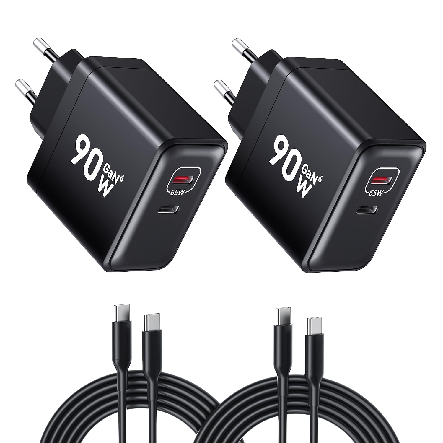 HSSNS 90W USB C Ladegerät, 2-Pack 2 Port Schnellladegerät mit Kabel, GaN PD Charger für iPhone 17/16/15 Series, MacBook Pro, iPad, Galaxy, Pixel und mehr