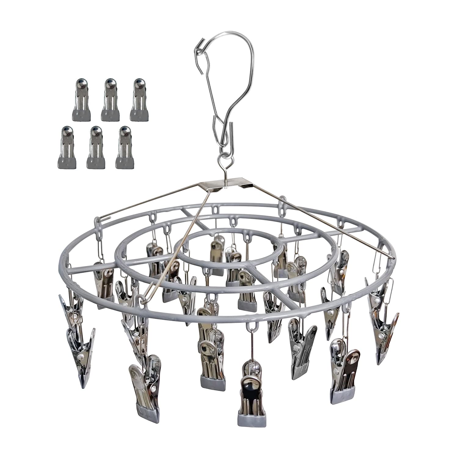 Photo 1 of Funamily Stainless Steel Laundry Drying Rack Clothing Sock Drip Clothes Drying Hanger with 24 Clips, Swivel Windproof Hook Round Heavy Duty Underwear Hanger for Indoor Outdoor Wet and Dry (Grey)