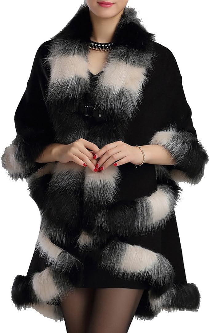 Helan Women's Warm Luxury Style Faux Fur Double Layers Cloak Cape Coat
