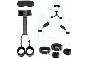 Thigh Ankle and Wrist Blindfold Restraints for Bed Bondaged Tie Downs Kit Fuzzy Hand Cuff Set Handcuffs for Adults Grownups B