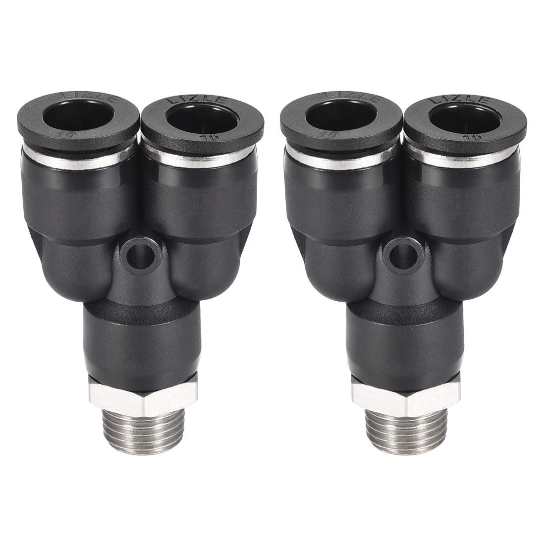 sourcing map Push to Connect Air Fittings Y Type Tube Connect 10mm OD x 1/4PT Male Thread Tube Fittings Push Lock Black 2Pcs
