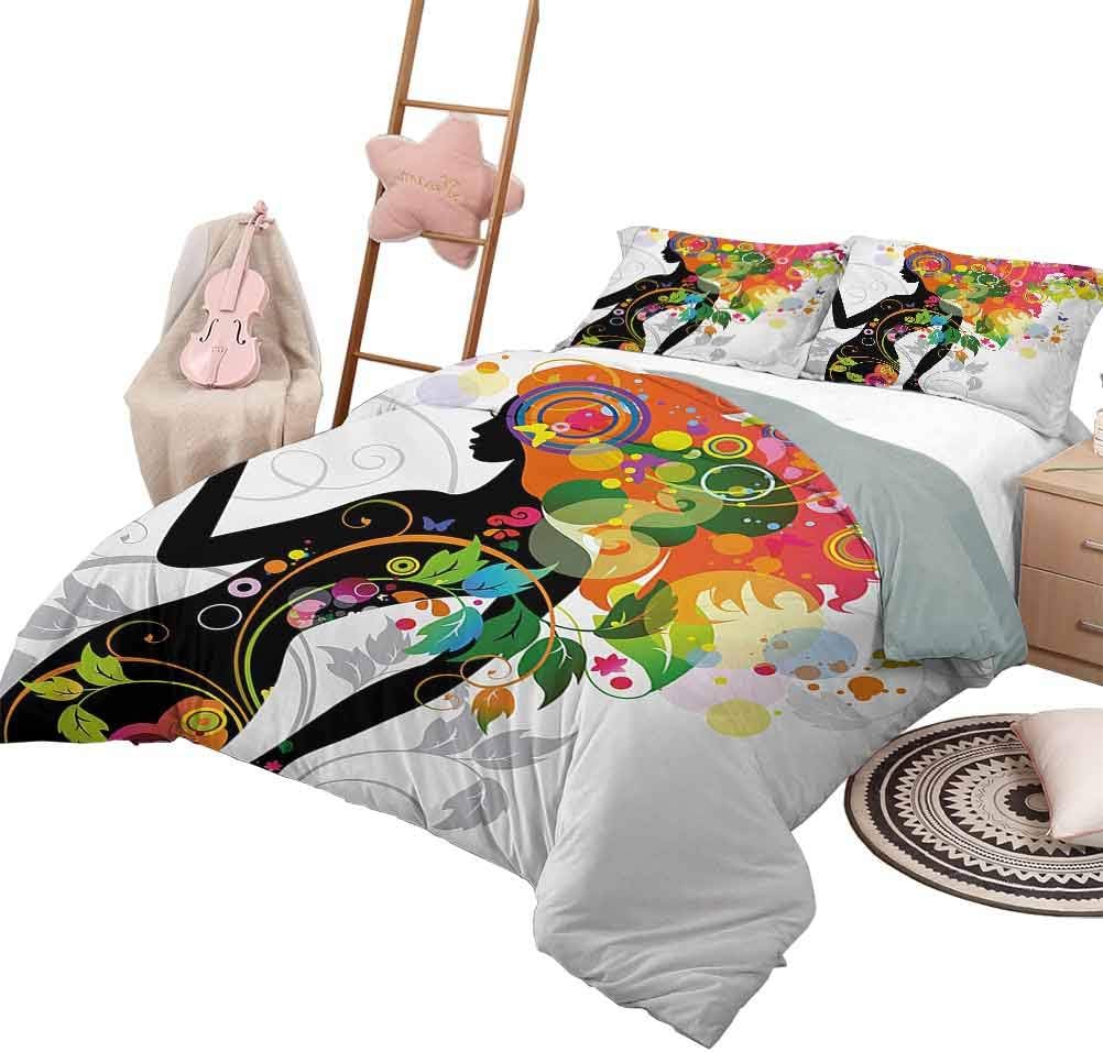 HouseLook Colorful Duvet Cover Madame Butterfly Modern Version with Spring Spiral Circles Leaf Botany Girl Print Comforter Cover with Zipper Multicolor with 2 Pillow Shams, Full Size