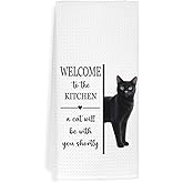 EXUQO Funny Kitchen Hand Towels Dishcloths for Black Cat Mom Dad Gifts,Welcome to The Kitchen a Cat Will Be with You Shortly,16x24 inch