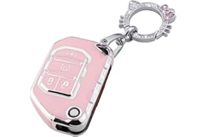 Pangpai Pink Key Fob Cover for Jeep, Soft TPU Key Case Protection with Bling Keychain Fit for 2018-2022 Jeep Gladiator Wrangler Sahara Rubicon