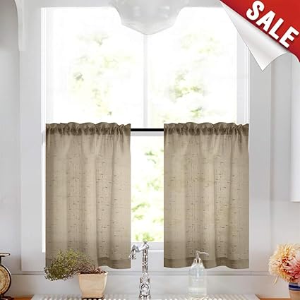 Red Simple Stylish Kitchen Curtains Two Panel amazon com taupe tier curtains 24 inch rod pocket kitchen window tiers tan sheer cafe curtain set linen textured voile drapes 2 panels home kitchen