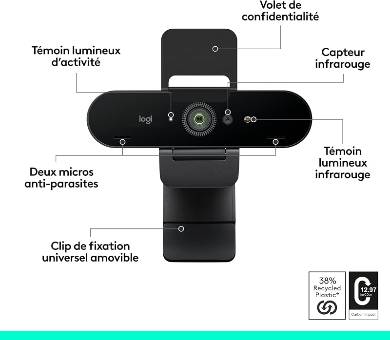 Brio 4K webcam, appels vidéo, micro anti-parasite