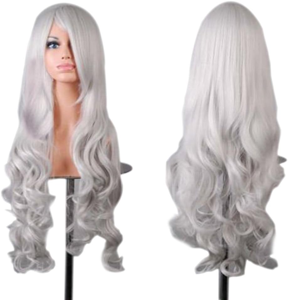 Long Black Wigs for Women Long Straight Synthetic Black Wigs for Party Cosplay Halloween Anime (A-Silver White)