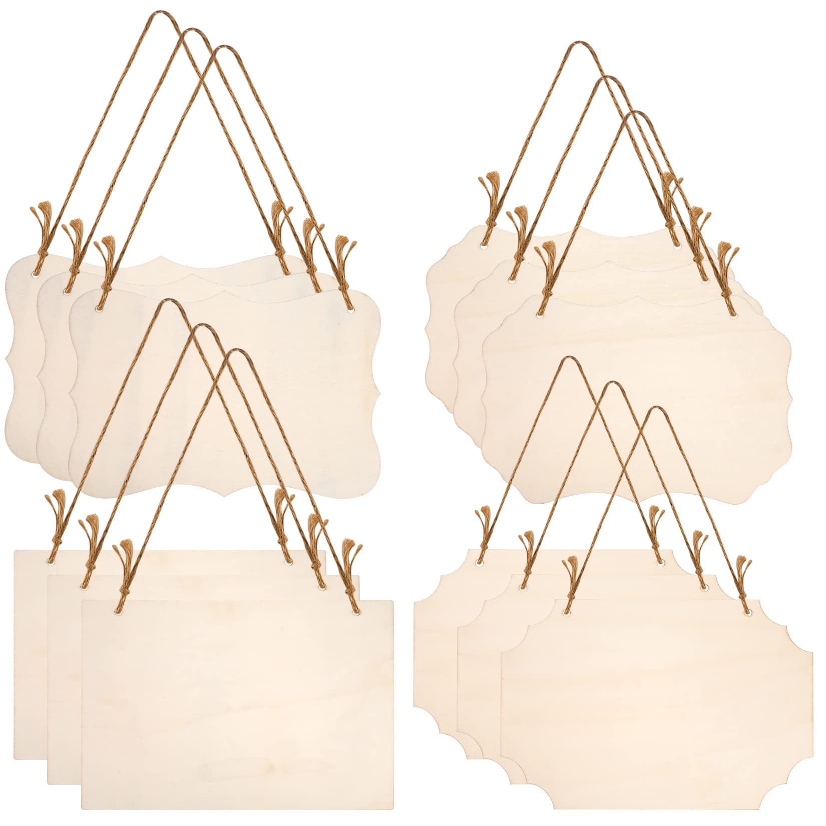 12 Pcs Unfinished Blank Wood Signs, Wooden Hanging Plaques Blank, Decorative Wood Plaque Slices Banners Blanks with Ropes for Home Pyrography Painting Writing DIY Craft Supplies