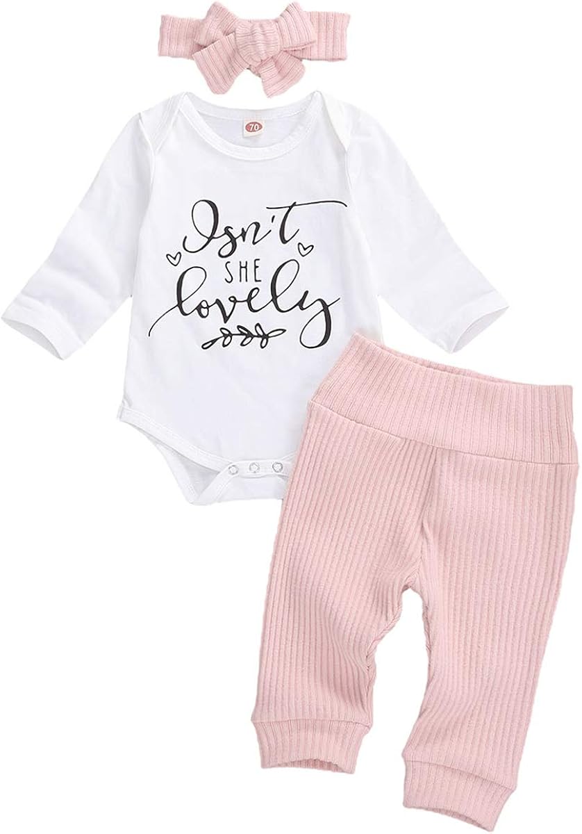Newborn Baby Girl Clothes Isnt She Lovely Outfit White Romper Bodysuit Tops Floral Pants Set with Headband Hat 4Pcs Clothing