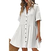 ThCreasa Womens Solid Short Sleeve Shirt Mini Dress Texture Button Down Loose Tunic Causal Babydoll Short Dresses