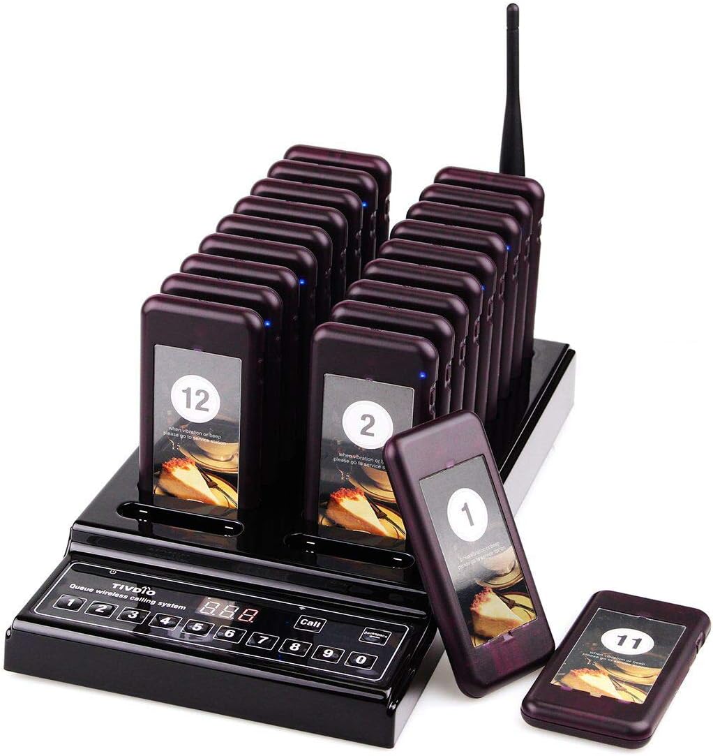 TIVDIO Wireless Calling System Pagers Calling System Max 999 Pagers with 20 Rechargeable Pagers 1 Charging Transmitter for Restaurant Food Truck