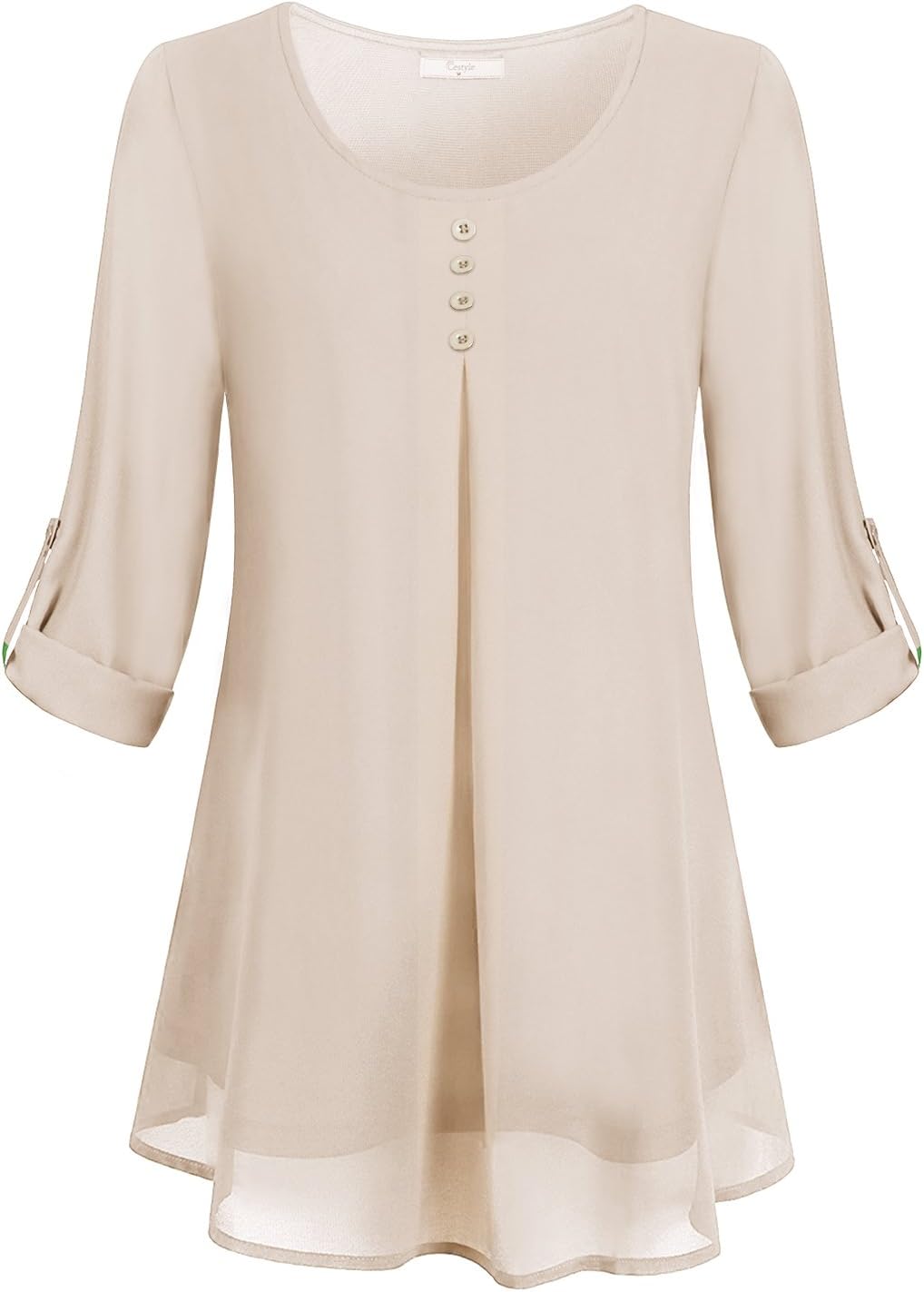 Cestyle Women's Roll-up Long Sleeve Round Neck Layered Chiffon Flowy Blouse Top