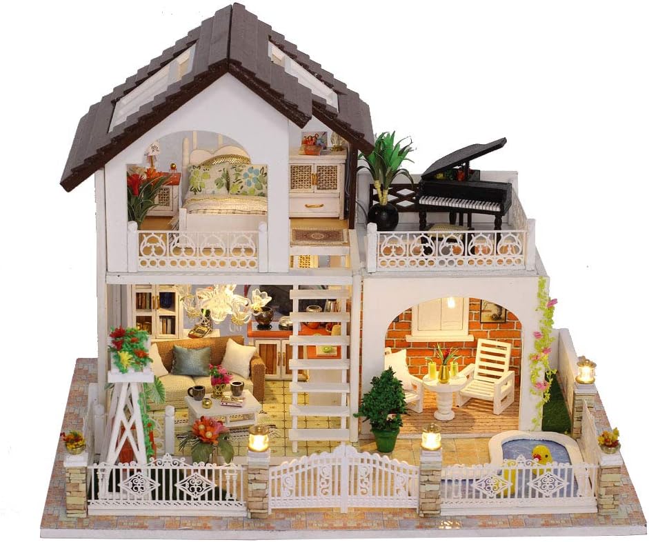 MAGQOO Dollhouse Miniature with Furniture, DIY Dollhouse Kit Plus Dust Proof, 1:24 Scale Creative Room Idea(Perfect Holiday)