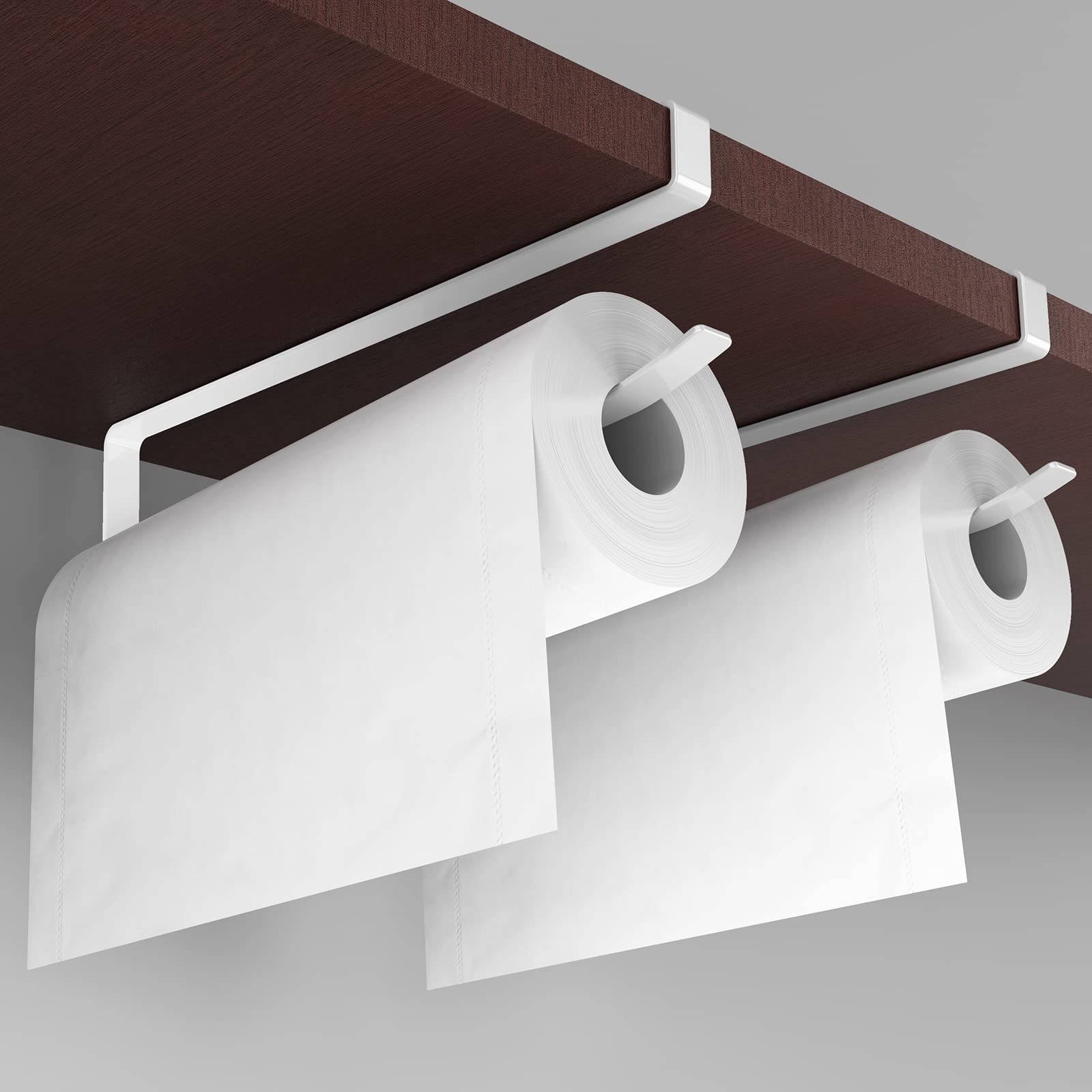 Paper Roll Holder, KIKISML 2 Pack Paper Towel Holder Cabinet Hanging Kitchen Roll Hanger Dispenser Storage Rack Towel Necktie Bedroom Toilet Organization Storage [No Drilling No Tool Required], White