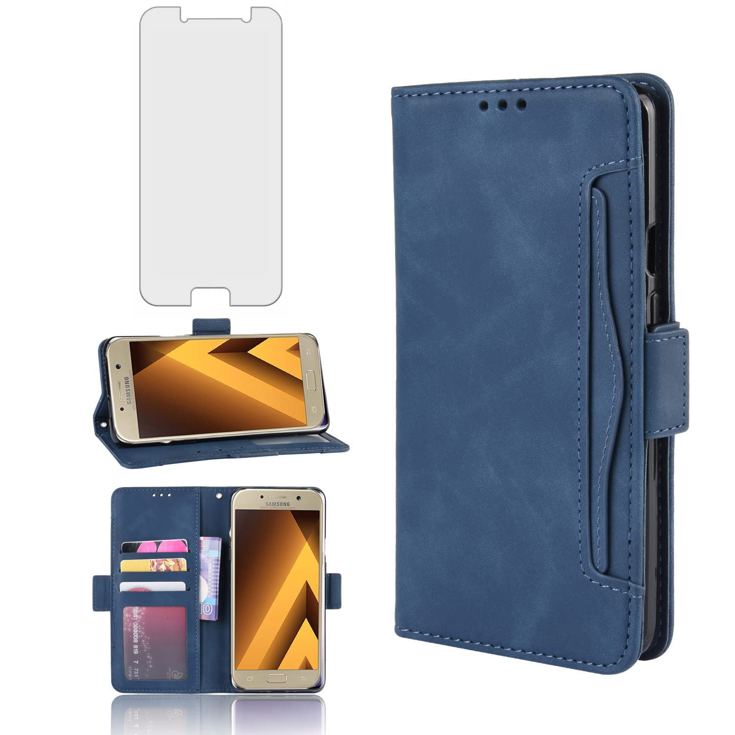 Phone Case for Samsung Galaxy S7 Edge Wallet With Tempered Glass Screen Protector Card Holder Slot ID Credit Stand Kickstand Leather Glaxay S7edge Gaxaly S 7 Plus Galaxies GS7 7s 7edge Women Men Blue