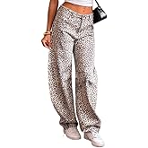 Justalwart Women's Leopard Print Mid Rise Light Weight No Stretch Wide Leg Pants Baggy Jeans