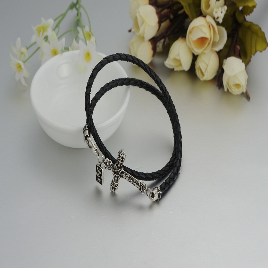 Santuzza Vintage Style Sideways Cross Leather Braided Bracelet Bangle for Women Men Sterling Silver Genuine Leather Braided Double Strap