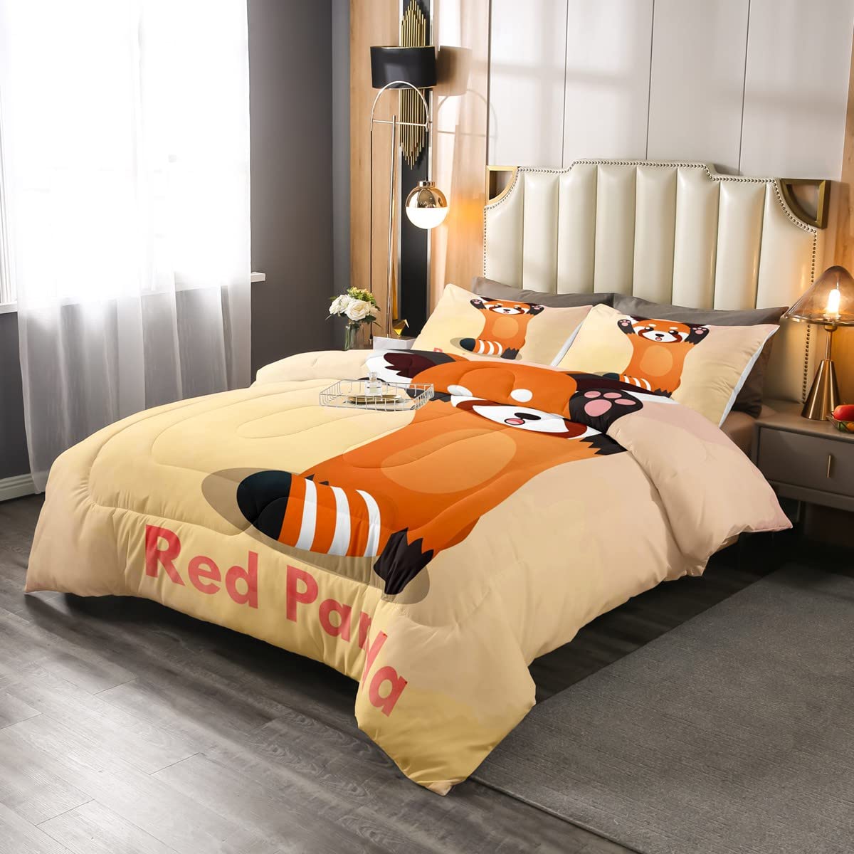 Cute Panda Cartoon Red Panda Duvet Set for Kids Boys Girls Lovely Animal Bedding Set Orange Yellow 2Pcs Bedding Single