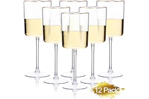 Ciaell 12 Pack Plastic Wine Glasses - 10 Oz Plastic Wine Glasses with Stem - Gold Rim Disposable Cups for Parties & Weddings & Poolside & Toasting & Outdoors & Christmas & New Year