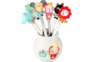 Sunch Craft 6 Pcs Mini Stainless Steel Fruit Fork with Ceramic Jars Holder Bento Food Picks Cute Cartoon Animal Fruit Picks S