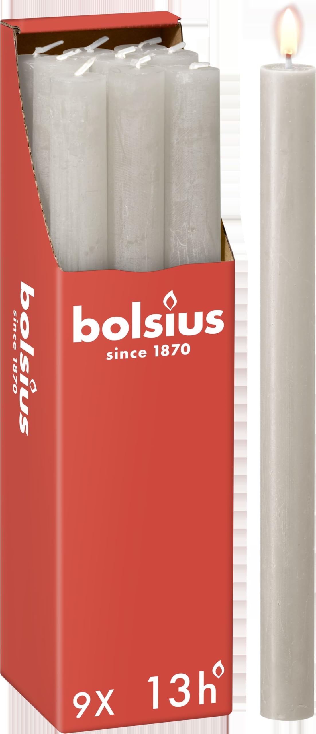 Bolsius Rustic Dinner Candles - Light Gray - Pack of 9 - Long Burning Time of 13 Hours - Household Candle - Interior Decoration - Unscented - Includes Natural Vegan Wax - 27 x 2.3 cm — image 1