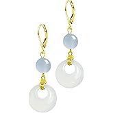 HQFJW Natural Crystal Circle Drop Earrings,14K Yellow Gold Plated Round Good Fortune Character Stone Gemstone Dangle Drop Earrings for Women