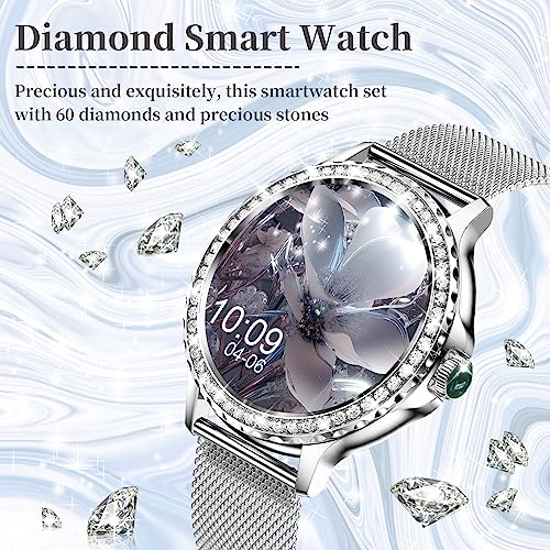 Efolen Smart Watches for Women with Diamonds (Answer/Make Call), 1.3'' Bluetooth Smartwatch for Android iOS, Waterproof Fitness Watch with Heart Rate/SpO2/Sleep/BP/AI Voice (Silver)