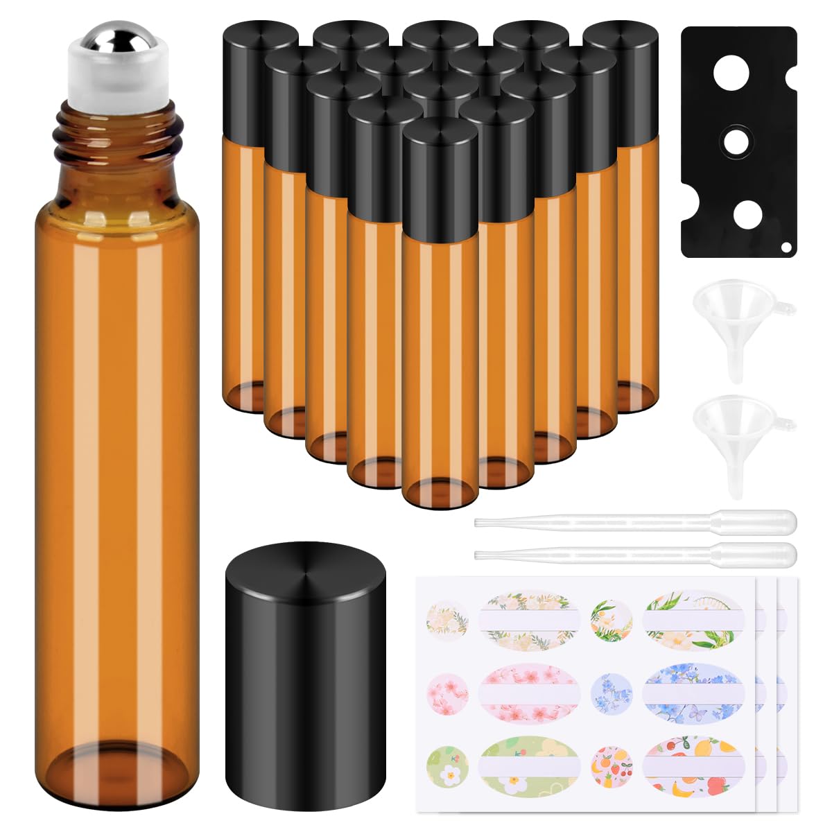 BELICOO 15 Pcs Essential Oils Roller Bottles, 10ml Amber Roller Bottles for Essential Oils Set with Stainless Steel Ball for Essential Oils, Perfumes, Cosmetics, Aromatherapy Massage (Black lid)